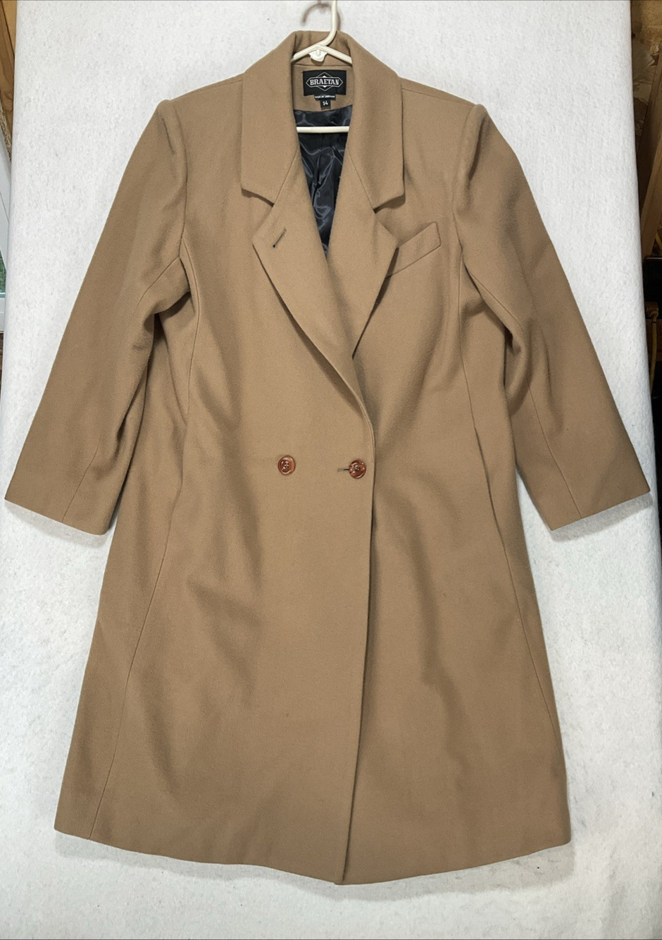 Vintage Braetan Coat Womens 14 Tan Wool Trench Overcoat Button Ukraine